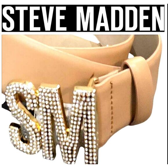 Steve Madden SM Rhinestone Logo Belt- Tan main image 7